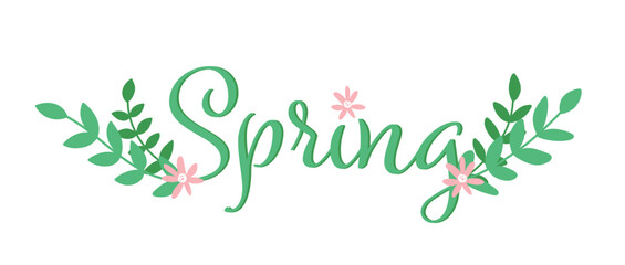 Spring lettering text with leaves and flowers as logotype, icon, banner, card, invitation. Vector illustration. Lettering spring season. Special spring sale typography poster. - obrazy, fototapety, plakaty