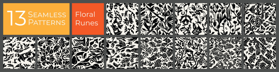 Floral runes seamless pattern collection. Black and white abstract vector background set. Ancient flowers deco print pattern. - 737972420