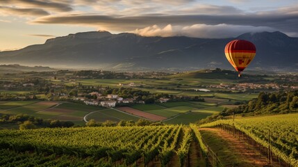 Obraz premium balloons over green mountains, in the sunset light