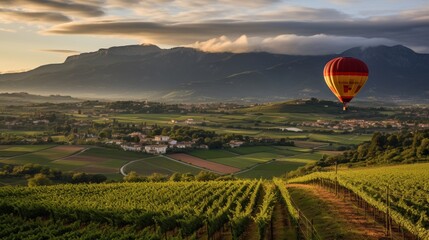 balloons over green mountains, in the sunset light