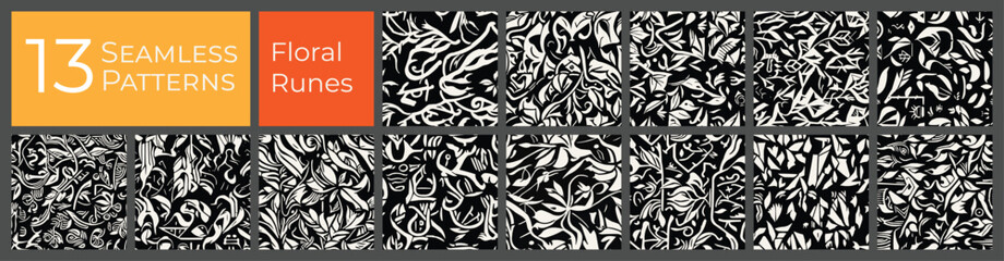 Floral runes seamless pattern collection. Black and white abstract vector background set. Ancient flowers deco print pattern. - 737972499