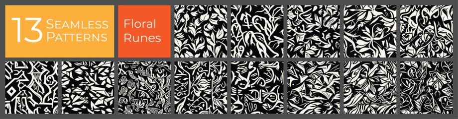 Floral runes seamless pattern collection. Black and white abstract vector background set. Ancient flowers deco print pattern. - 737972623