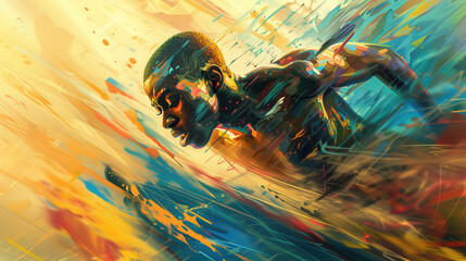 A silhouette of the black male runner. Creative painting effects, colorful fractal background, decorative poster