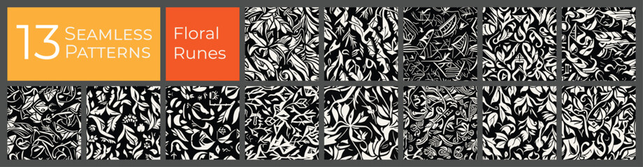 Floral runes seamless pattern collection. Black and white abstract vector background set. Ancient flowers deco print pattern. - 737972840