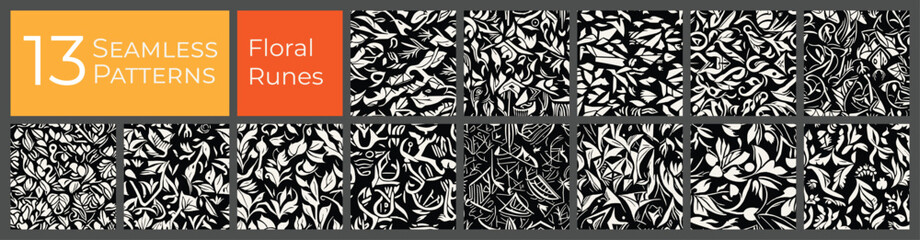 Floral runes seamless pattern collection. Black and white abstract vector background set. Ancient flowers deco print pattern. - 737972889