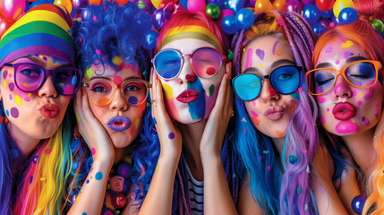 A group of young women with painted faces and colorful party attire blowing kisses. Vibrant Group of girl Friends Celebrating at a Colorful Party
