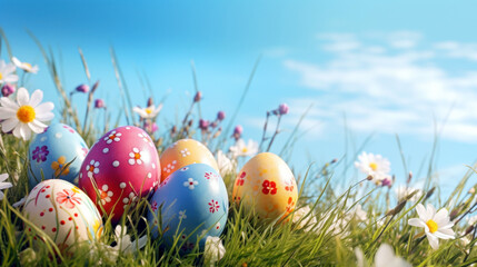 painted easter eggs celebrating a Happy Easter on a spring day with Colorful Easter eggs with flowers in green grass on blue sky background, copy space