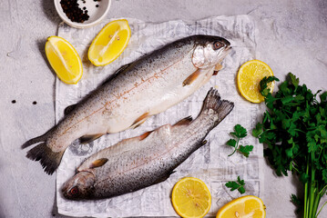 Fresh, raw rainbow trout for cooking. top view.