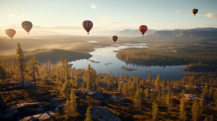 balloons over green mountains, in the sunset light