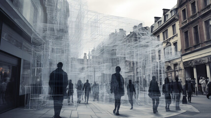 People in the city, wireframe technique, original.
