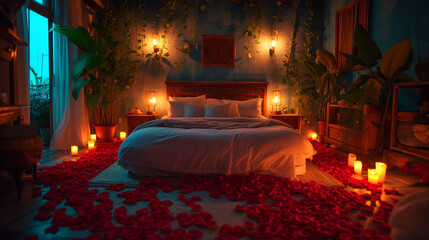 A room lit by candlelight, with rose petals delicately arranged on a white bedspread.