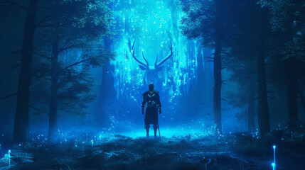 Conjure a surreal dreamscape with a neon sfumato portrayal of a Viking warrior surrounded by the enchanting allure of a forest