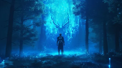Fotobehang Conjure a surreal dreamscape with a neon sfumato portrayal of a Viking warrior surrounded by the enchanting allure of a forest © UMAR SALAM