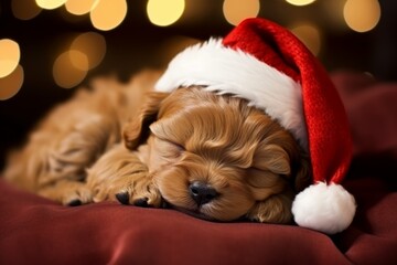 Fototapeta na wymiar cute dog in a red santa claus hat