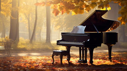 Piano in autumn park morning landscape.