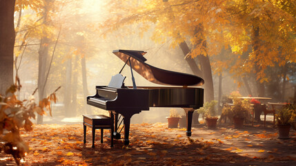 Piano in autumn park morning landscape.