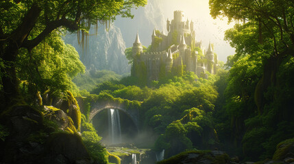 Create a magical scene with an ancient castle surrounded by a lush - obrazy, fototapety, plakaty