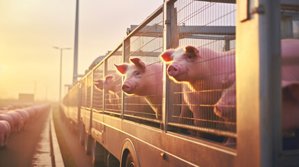 Pigs in truck transport from farm to slaughterhouse.