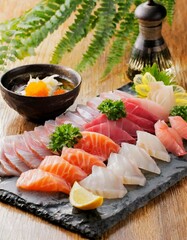 Sashimi presented in a Tasteful Way - Diverse different types of Sliced Fish - Japanese Cuisine - Fresh Seafood