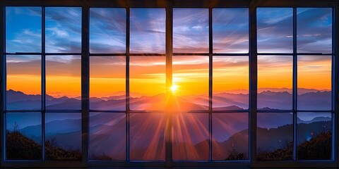 A mesmerizing mountain vista lit by a breathtaking sunset through a window. Concept Nature Landscape, Mountain Vista, Sunset Colors, Window Frame, Mesmerizing View