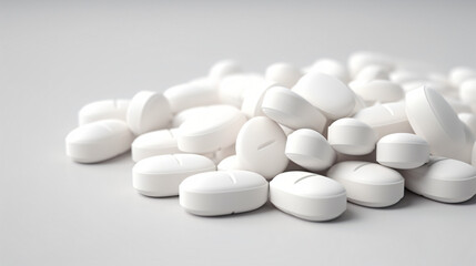 Fototapeta na wymiar Pile of white round and oblong shape tablet pills.