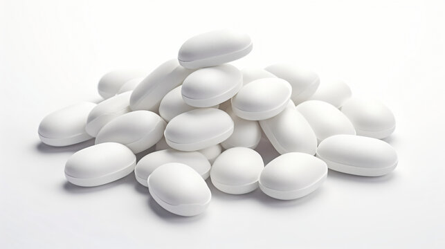 Pile of white round and oblong shape tablet pills.