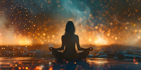 Woman meditates in lotus position against an enchanted backdrop of shimmering particles. Concept Enchanted Meditation, Shimmering Particles, Lotus Position, Tranquil Space, Spiritual Connection
