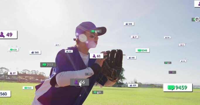 Animation of digital data processing over biracial female baseball player on field - Powered by Adobe