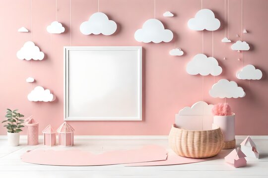Interior of nursery with mock up photo frame and paper clouds decoration. White and pink colors. 3d render. Cosy childroom with empty poster mockup for text or photo
