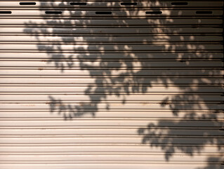 Old metal rolling door with sunlight and shadows of leaves. Close up abstract background or texture. Used in factories, warehouses, garages, industrial warehouses.