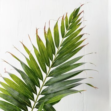Palm tree leaves against white wall. Creative colorful minimalism. Copy space for text