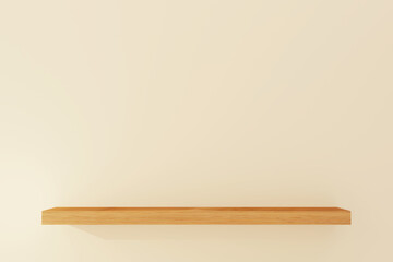 Front view of empty wooden wall shelf, mockup design for product, 3D Rendering