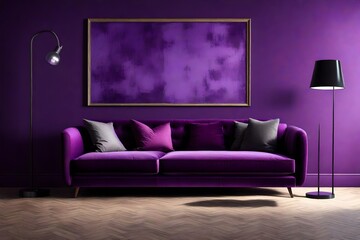 Purple minimal interior with velvet sofa and lamp, the image on wall are my abstract composition