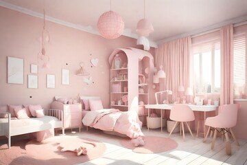 Children`s room interior design with pink pastel colors. Little girls room with copy space. 3d...