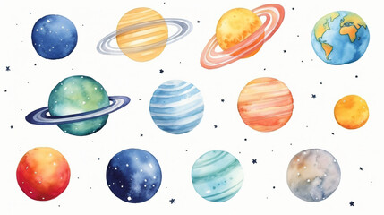 Planets in space on a white background, watercolor.