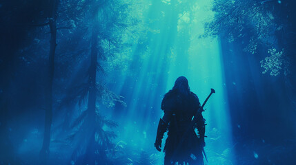 Dive into the surreal with a wide shot of a Viking warrior