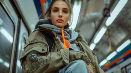 Obraz premium Female model in a subway car. Techwear clothing.