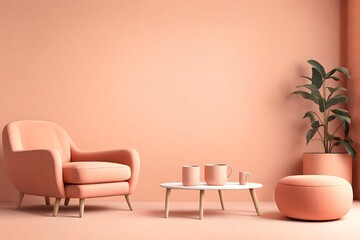 Peach fuzz room ,minimal interior livingroom. peach armchair with peach color paint wall. color of the year  . Mockup background. 3d render