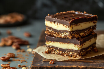 Nanaimo bars - traditional Canadian dessert with wafer crumbs, almond, walnut and cocoa layer, vanilla custard filling and chocolate topping. Canadian popular dish - obrazy, fototapety, plakaty