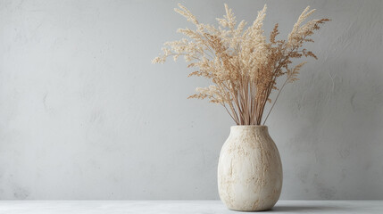 dried preserved plant and grass in a vase isolated over grey background