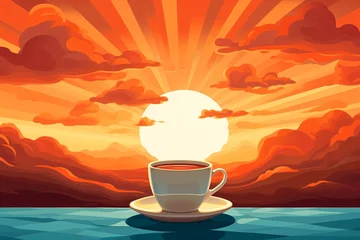 Papier Peint photo autocollant Rouge a cup of coffee on a table with a sunset behind it