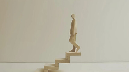 Wooden figurine of a man at the top of the stairs.