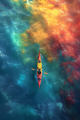 An Aerial View of a Kayak on Ocean with Rainbowcore and Optical Color Mixing, Eco-friendly Adventure