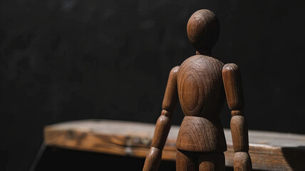 Wooden figurine of a man on a dark background. - Powered by Adobe