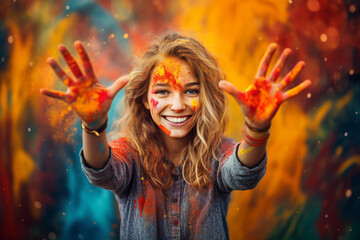 Obraz na płótnie Canvas Girl with Paint-Stained Hands amidst Flying Colors, Vibrant and Creative Portrait Capturing Artistic Expression, Colorful Splashes in Motion as Background, Joyful and Messy Artistic Endeavors