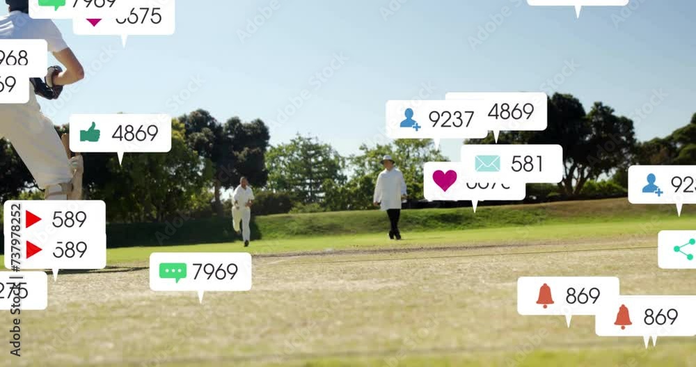 Poster animation of digital data processing over diverse cricketers on field