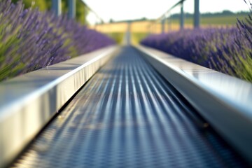 sleek metal walkway and a blurry lavender field