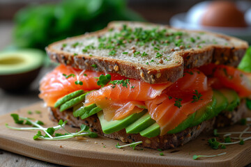 Sandwich with salmon and avocado on wooden plate. Idea for perfect breakfast