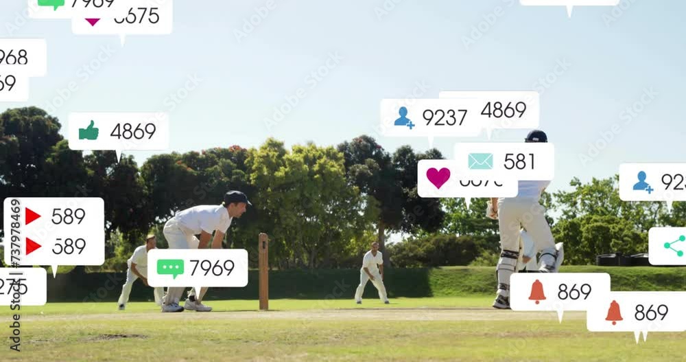Poster animation of digital data processing over diverse cricketers on field