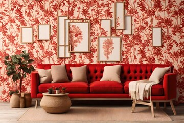 Living room frame mock-up, farmhouse boho style in red and beige tones. Contemporary wallpaper, sofa and decors. Trendy interior design